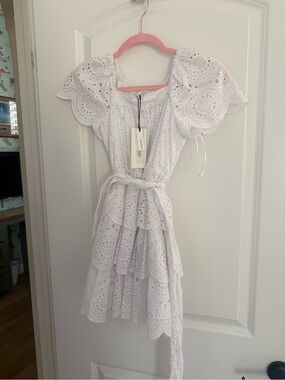 White Eyelet Belted Kids Dress